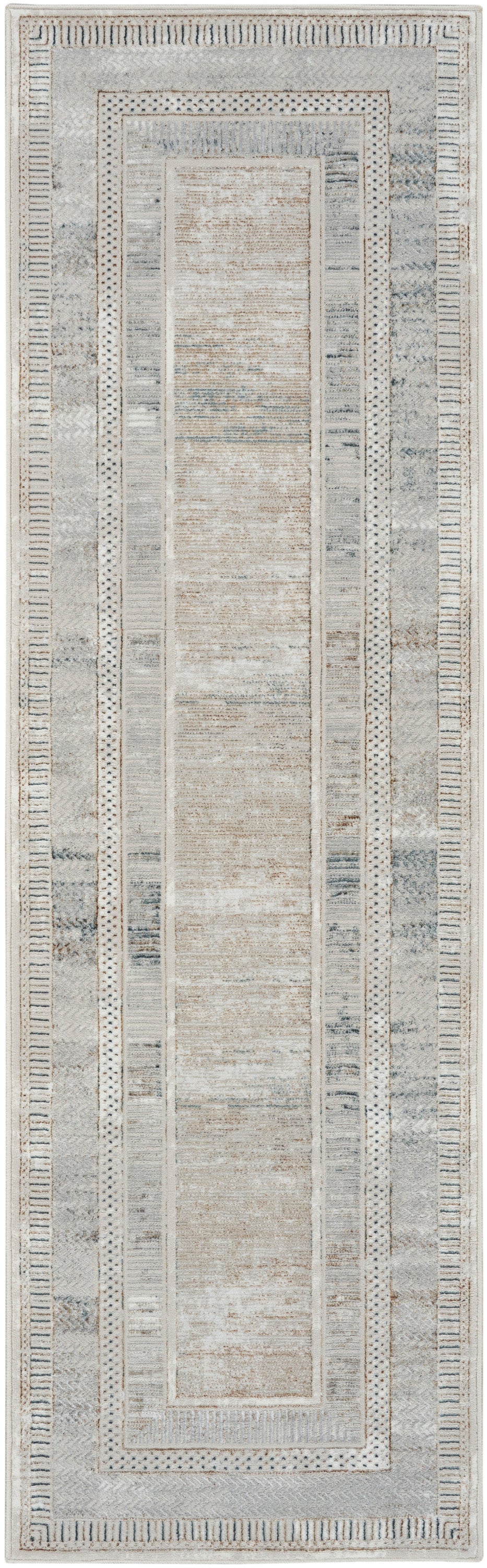 Neutral-toned rug runner with ivory center, layered geometric gray borders, distressed vintage look.