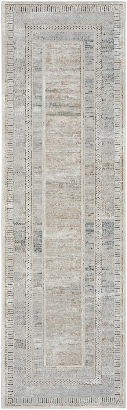 Neutral-toned rug runner with ivory center, layered geometric gray borders, distressed vintage look.