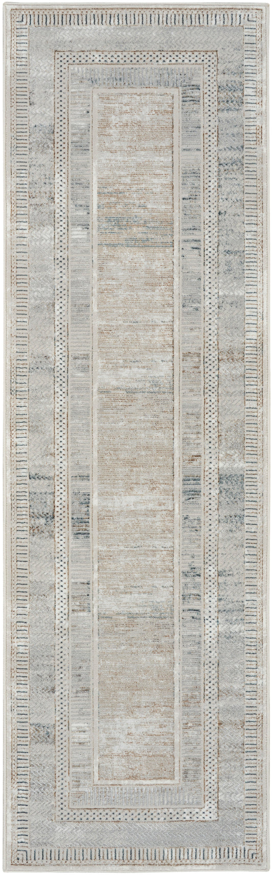 Neutral-toned rug runner with ivory center, layered geometric gray borders, distressed vintage look.