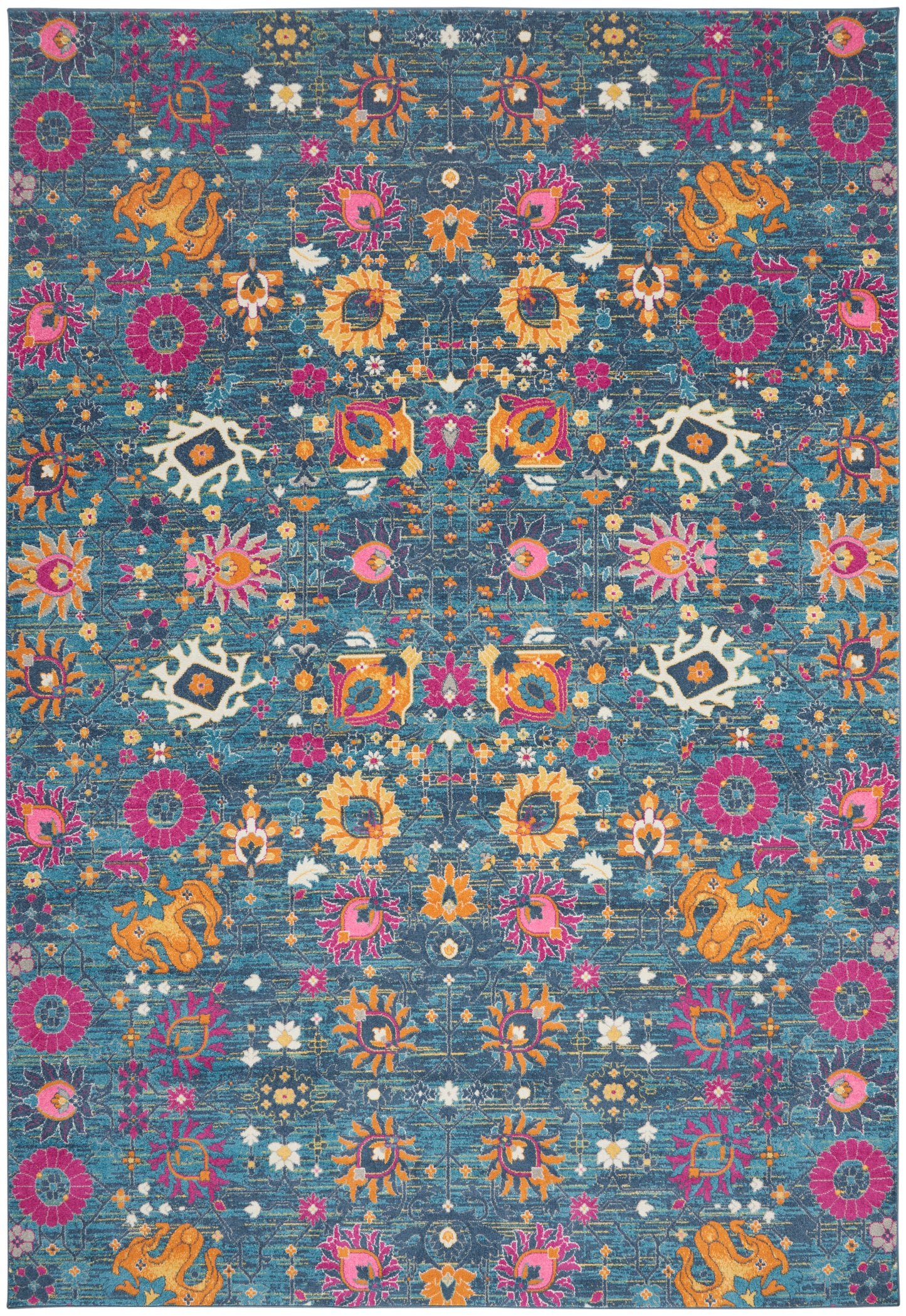 Teal rug with vibrant pink, orange, yellow and white florals; symmetric Persian-inspired pattern.