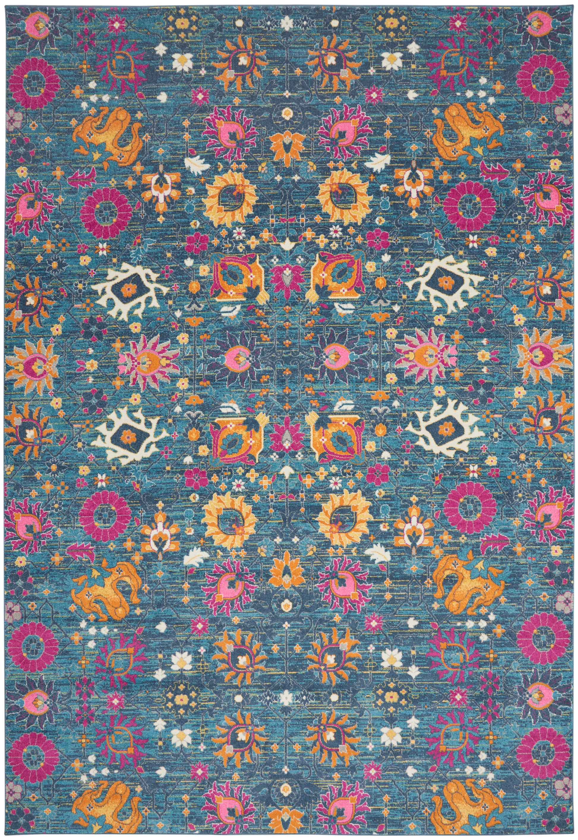 Teal rug with vibrant pink, orange, yellow and white florals; symmetric Persian-inspired pattern.