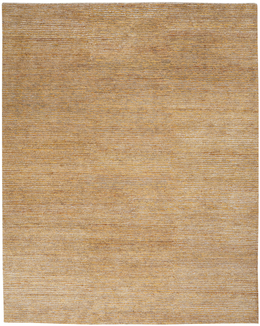 Golden beige flat-weave rug with subtle horizontal striped texture; warm, versatile floorcovering.