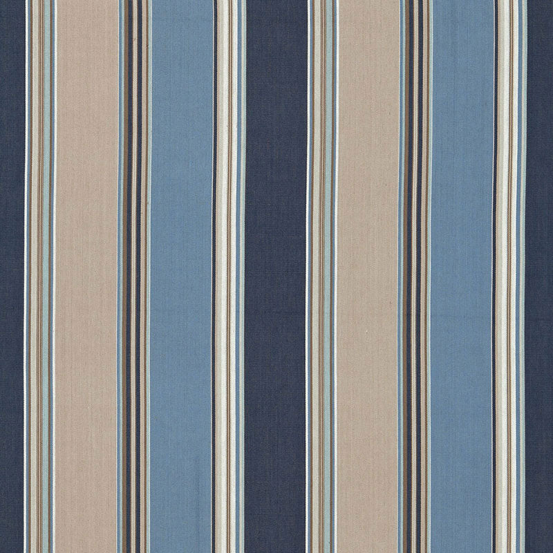 Vertical striped fabric in navy, blue and beige with thin cream accents.