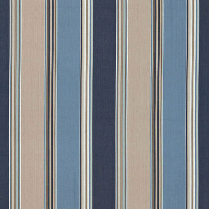 Vertical striped fabric in navy, blue and beige with thin cream accents.