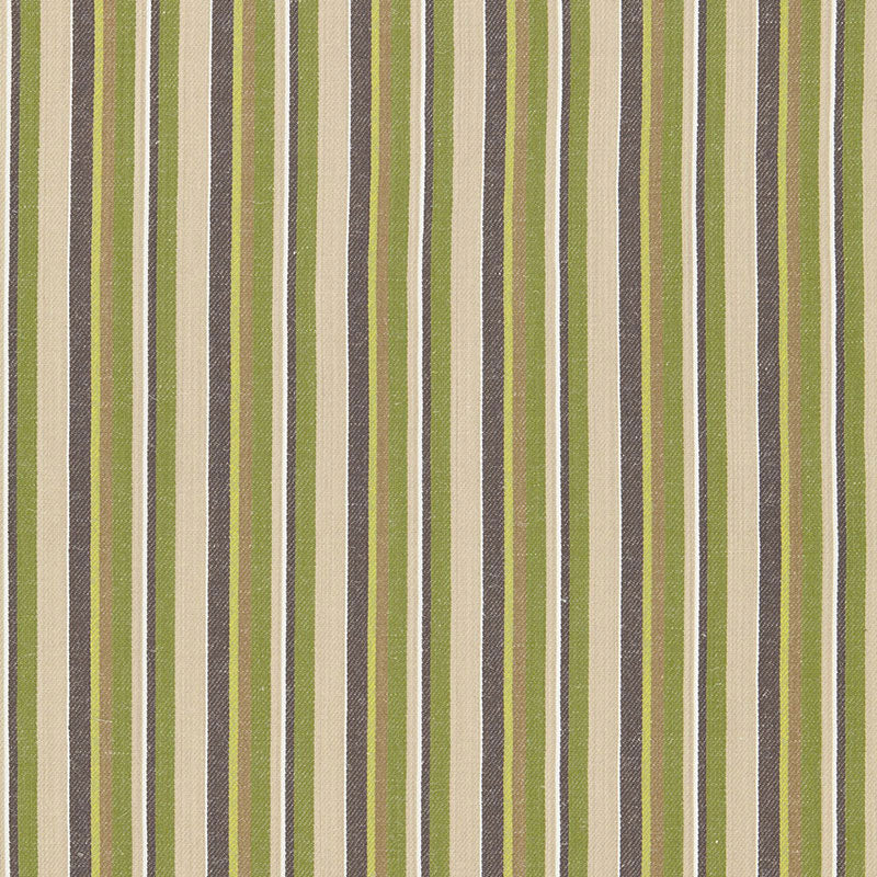 Vertical striped fabric in olive green, beige and brown with textured weave, for upholstery or curtains.