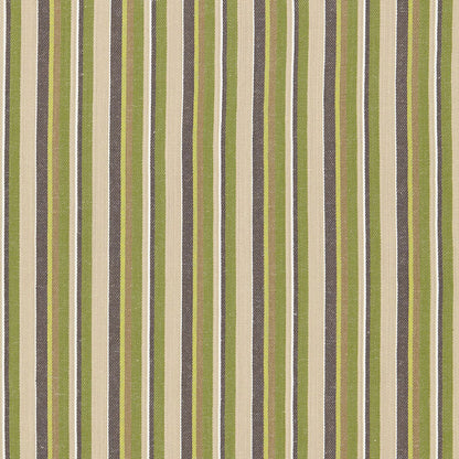 Vertical striped fabric in olive green, beige and brown with textured weave, for upholstery or curtains.