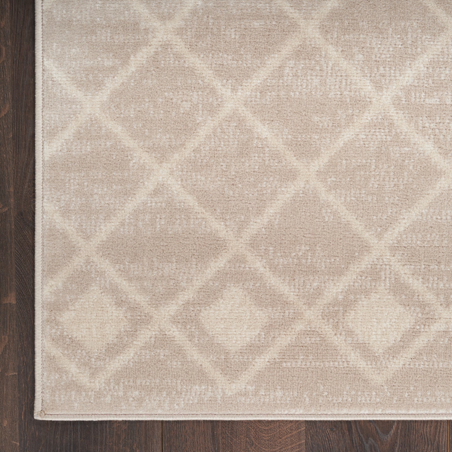 Beige Bohemian 6' runner rug with a subtle diamond lattice pattern and a light border on dark wood floor