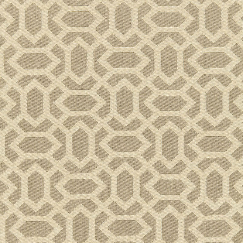 Beige fabric with taupe interlocking geometric lattice pattern of octagonal shapes; decorative upholstery textile.