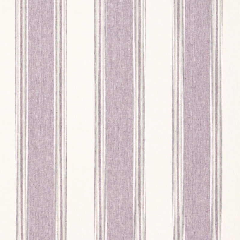 Lavender and cream vertical striped wallpaper with alternating thick and thin stripes.