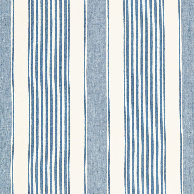 Blue and white vertical striped fabric swatch with denim-like texture for curtains or upholstery.