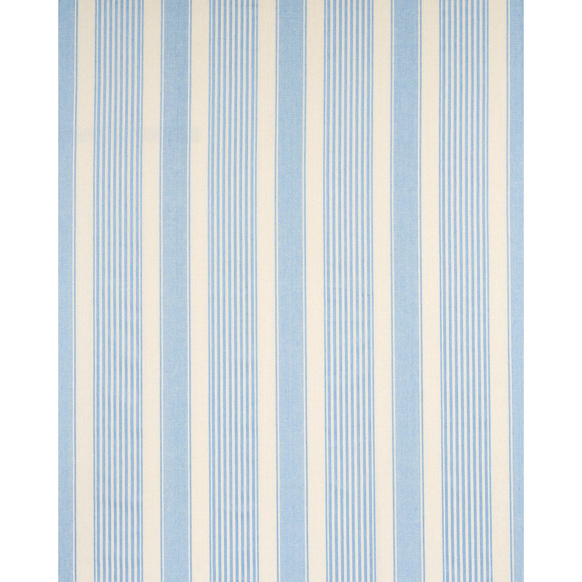 Blue and ivory vertical striped wallpaper with wide pale blue columns and fine blue pinstripes.