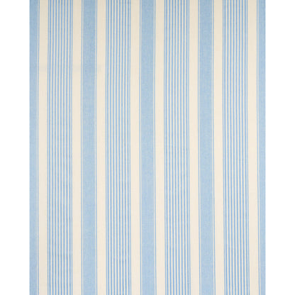 Blue and ivory vertical striped wallpaper with wide pale blue columns and fine blue pinstripes.