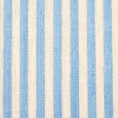 Blue and beige striped woven fabric close-up; textured vertical stripes ideal for upholstery or cushions.
