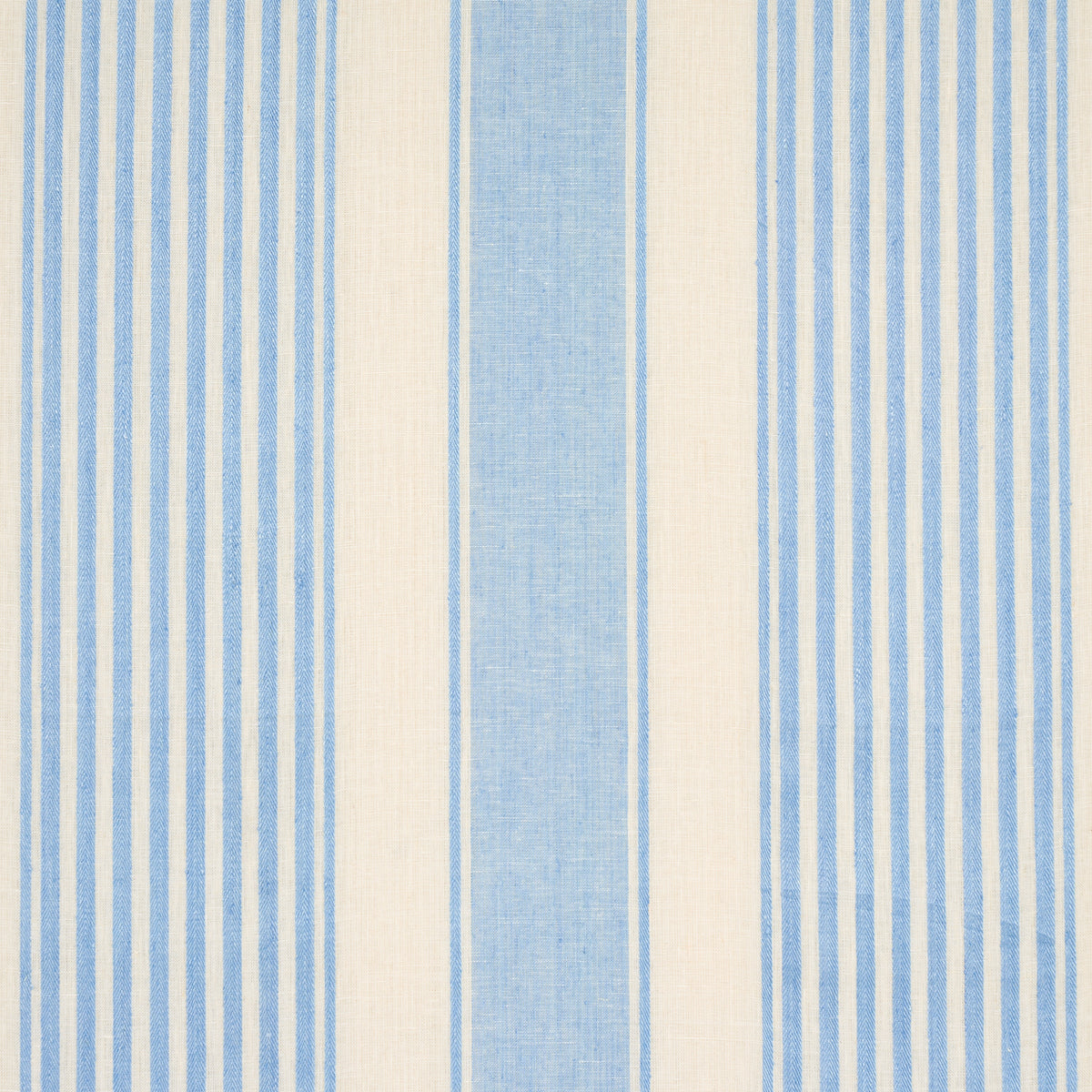 Vertical striped fabric in blue and cream, featuring a wide sky-blue center stripe and narrow blue lines.