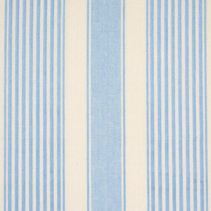 Vertical striped fabric in blue and cream, featuring a wide sky-blue center stripe and narrow blue lines.