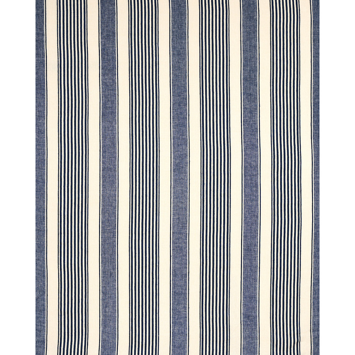 Navy blue and cream vertical striped woven fabric with alternating wide and narrow stripes; nautical home decor textile.