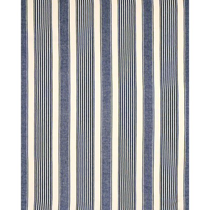 Navy blue and cream vertical striped woven fabric with alternating wide and narrow stripes; nautical home decor textile.