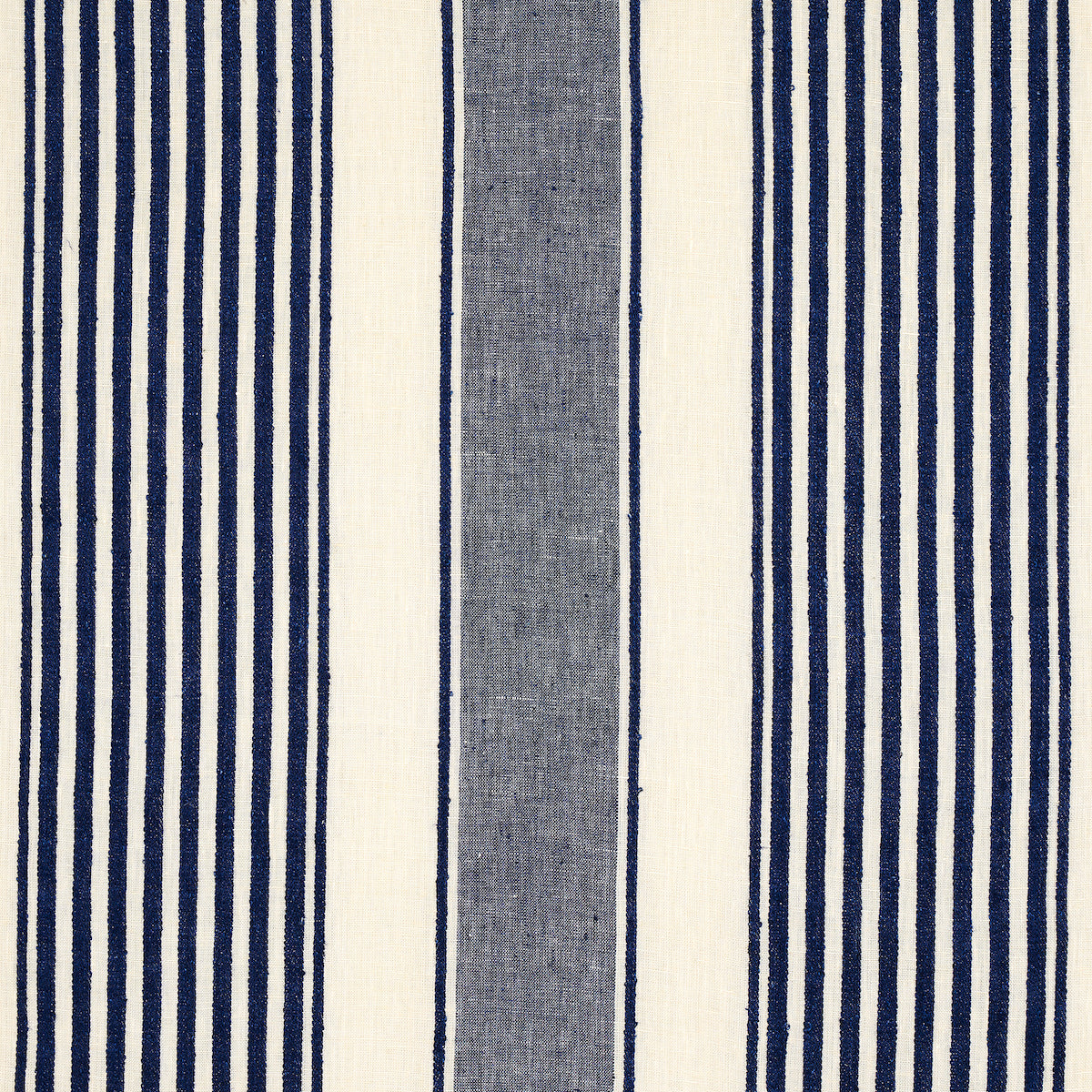 Striped navy and ivory fabric with a central blue-gray vertical band; nautical, versatile for upholstery or curtains.