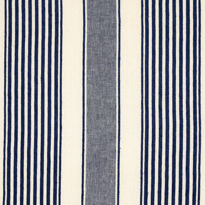 Striped navy and ivory fabric with a central blue-gray vertical band; nautical, versatile for upholstery or curtains.