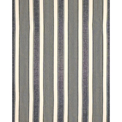 Black striped rug with vertical pinstripes; woven floor cover for living spaces.