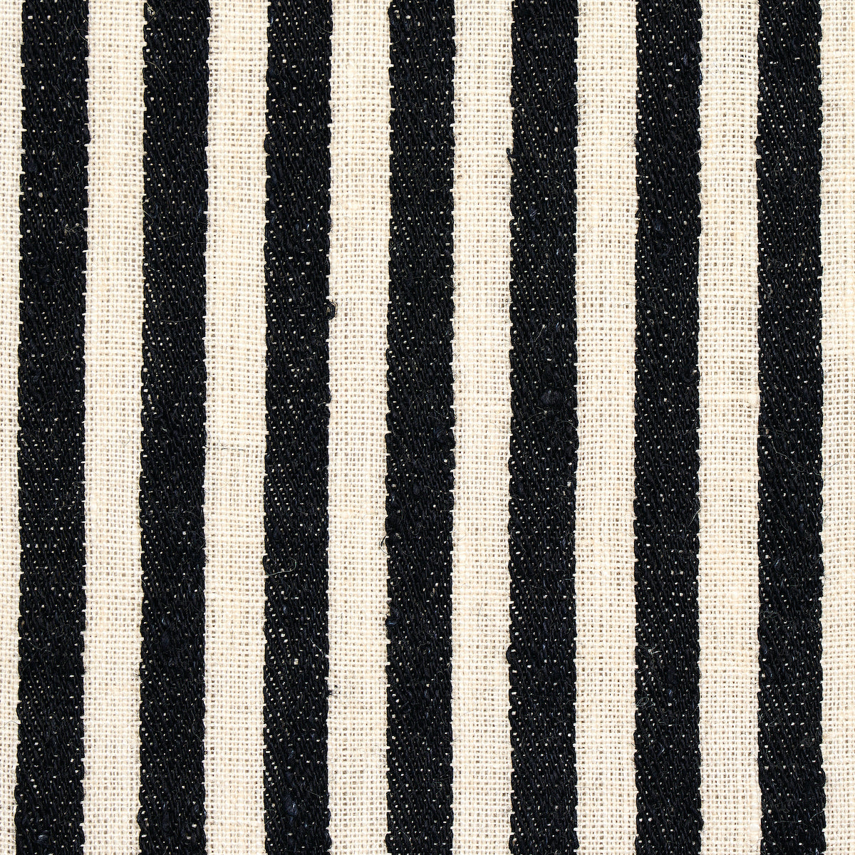 Textured linen stripe fabric with bold black and cream vertical stripes, suitable for upholstery or bags.