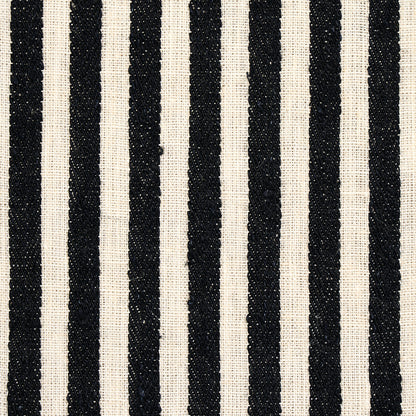 Textured linen stripe fabric with bold black and cream vertical stripes, suitable for upholstery or bags.