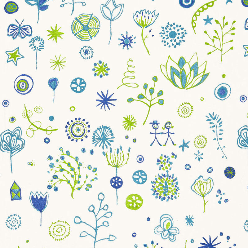 Whimsical blue and lime-green botanical pattern with flowers, leaves, spirals, dots and tiny stick figures.