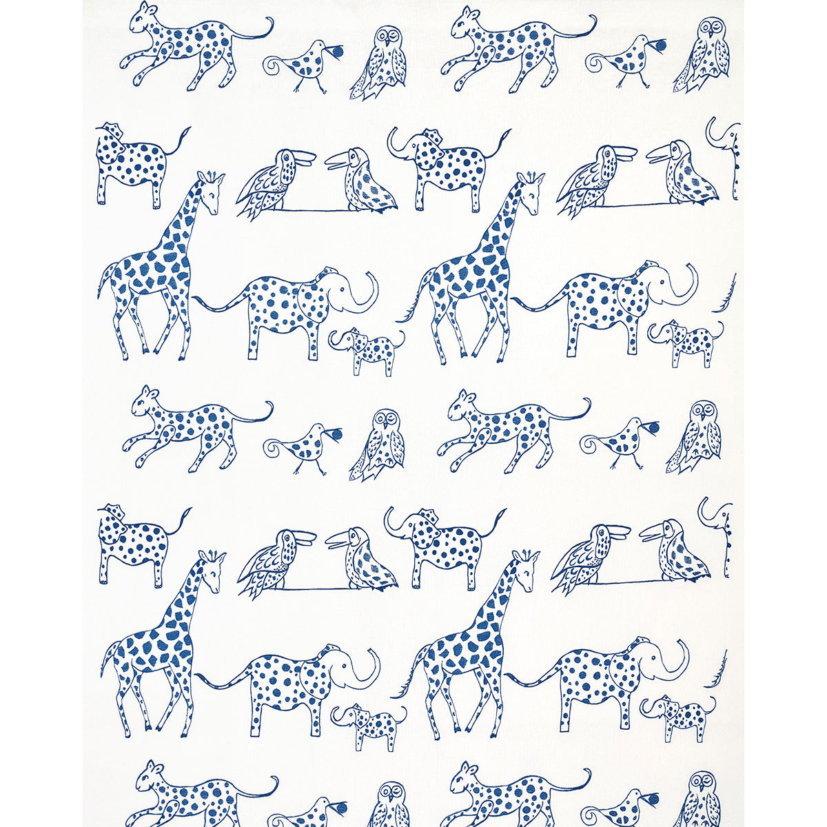 White fabric with a blue doodle safari print featuring giraffes, elephants, owls and small birds in a repeating pattern.