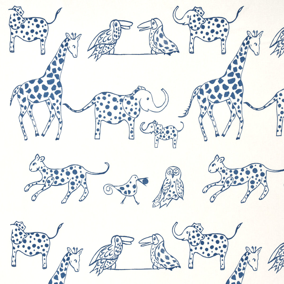 Blue line-drawn animal pattern with spotted dogs, giraffes, an elephant, birds and an owl on cream background