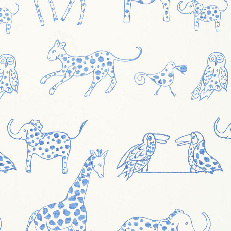 Blue line-drawn animal pattern with leopards, giraffes, birds and owls on white.