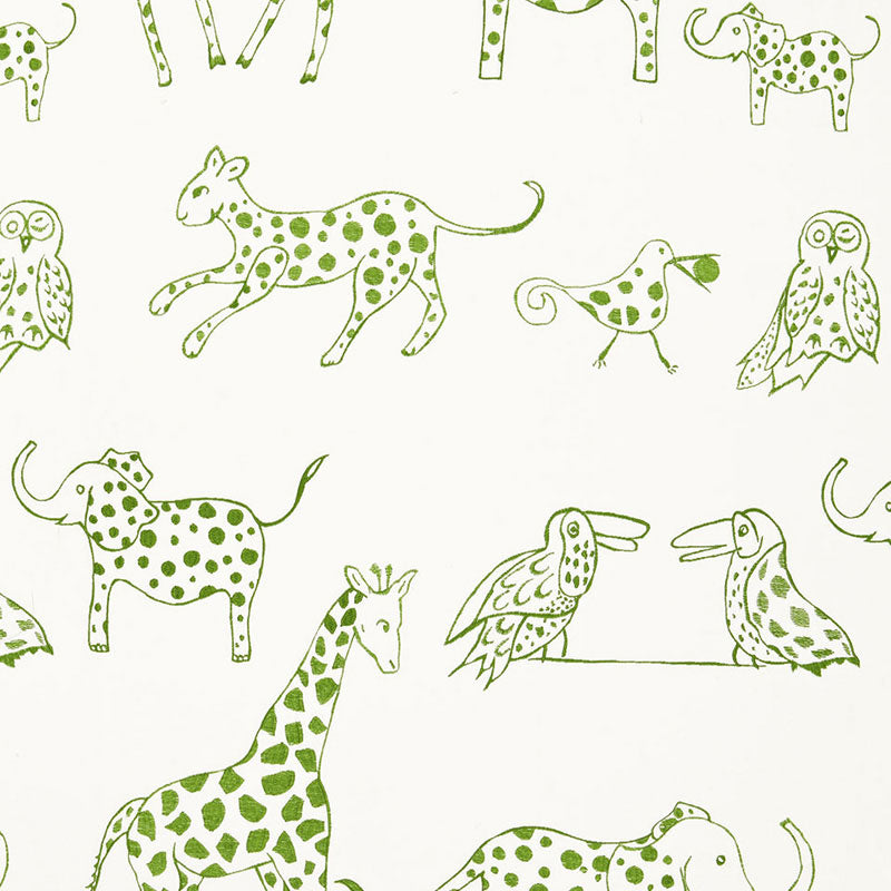 Green doodle animals pattern with spotted leopard, giraffe, owls and assorted birds.