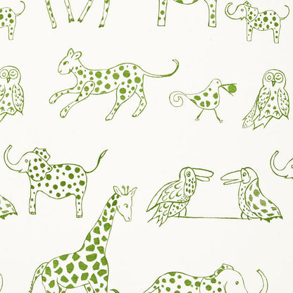 Green doodle animals pattern with spotted leopard, giraffe, owls and assorted birds.