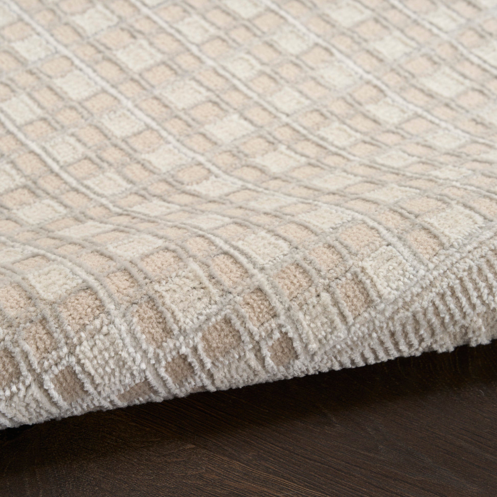 Beige geometric area rug with ivory and tan grid pattern, plush pile on dark wood floor.