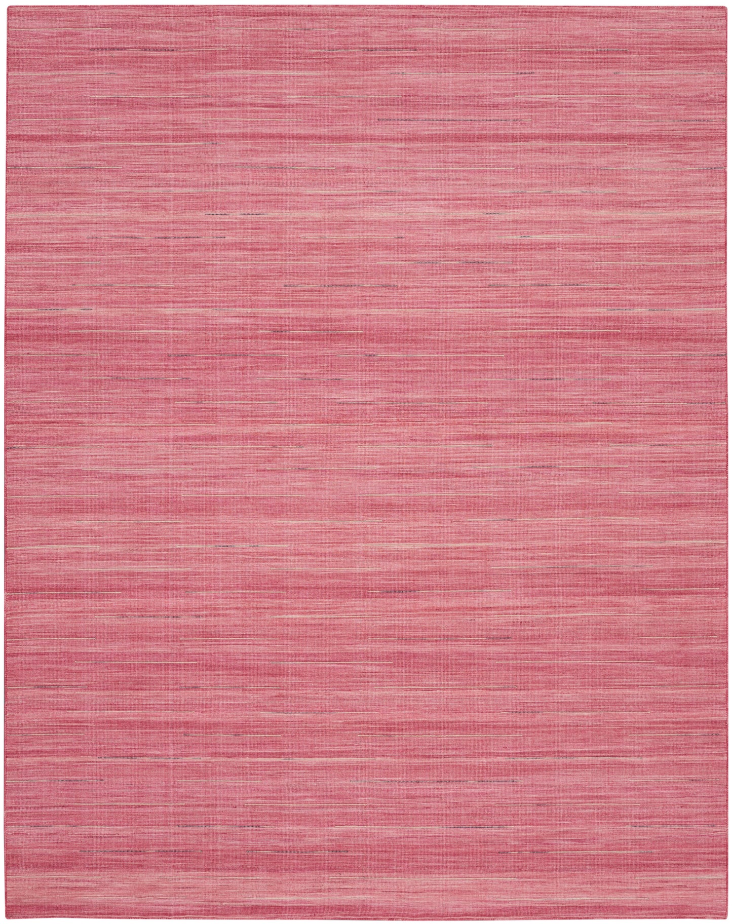 Pink-toned flat-weave area rug with subtle horizontal stripe texture in coral and blush hues.