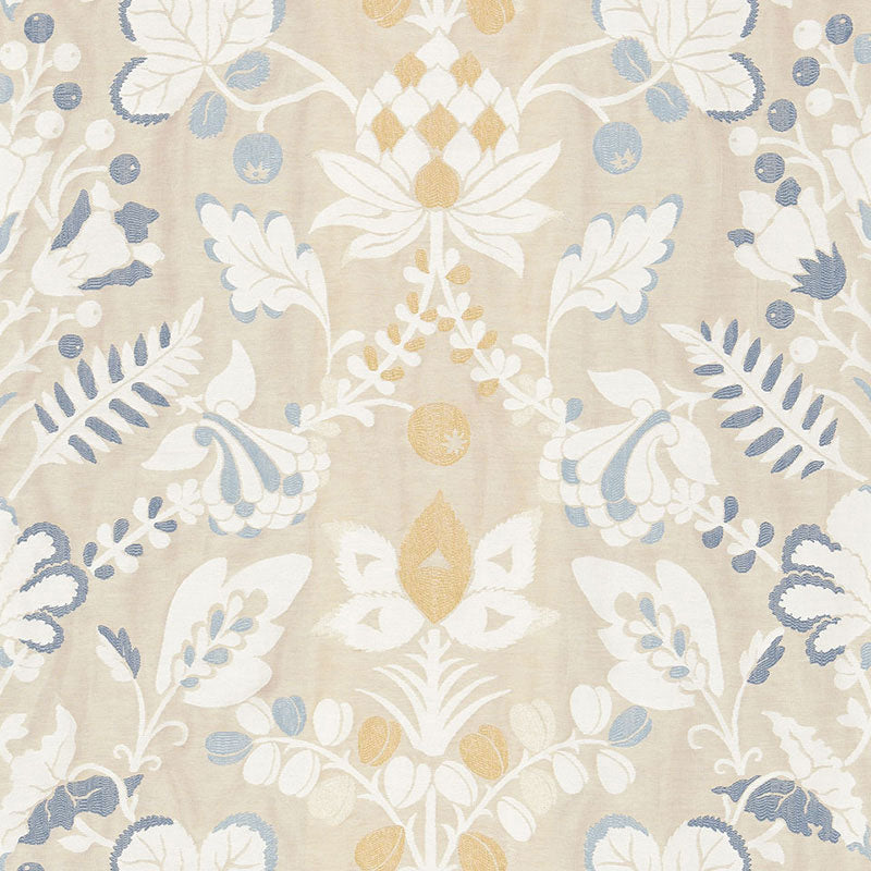 Beige damask floral woven linen pattern in ivory, blue & gold on a soft background.