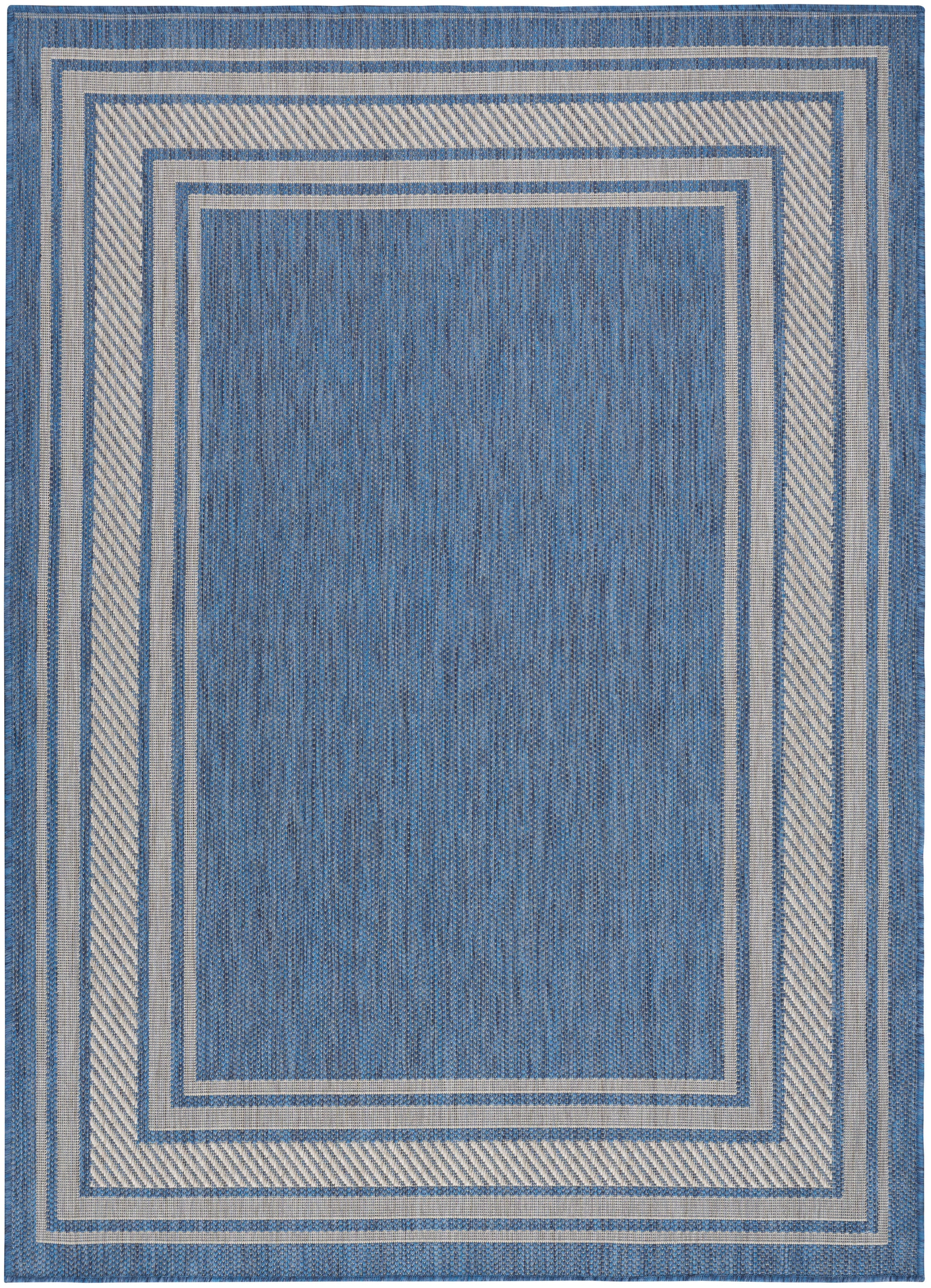 Blue woven area rug with cream-beige concentric rectangular borders framing a solid blue center.