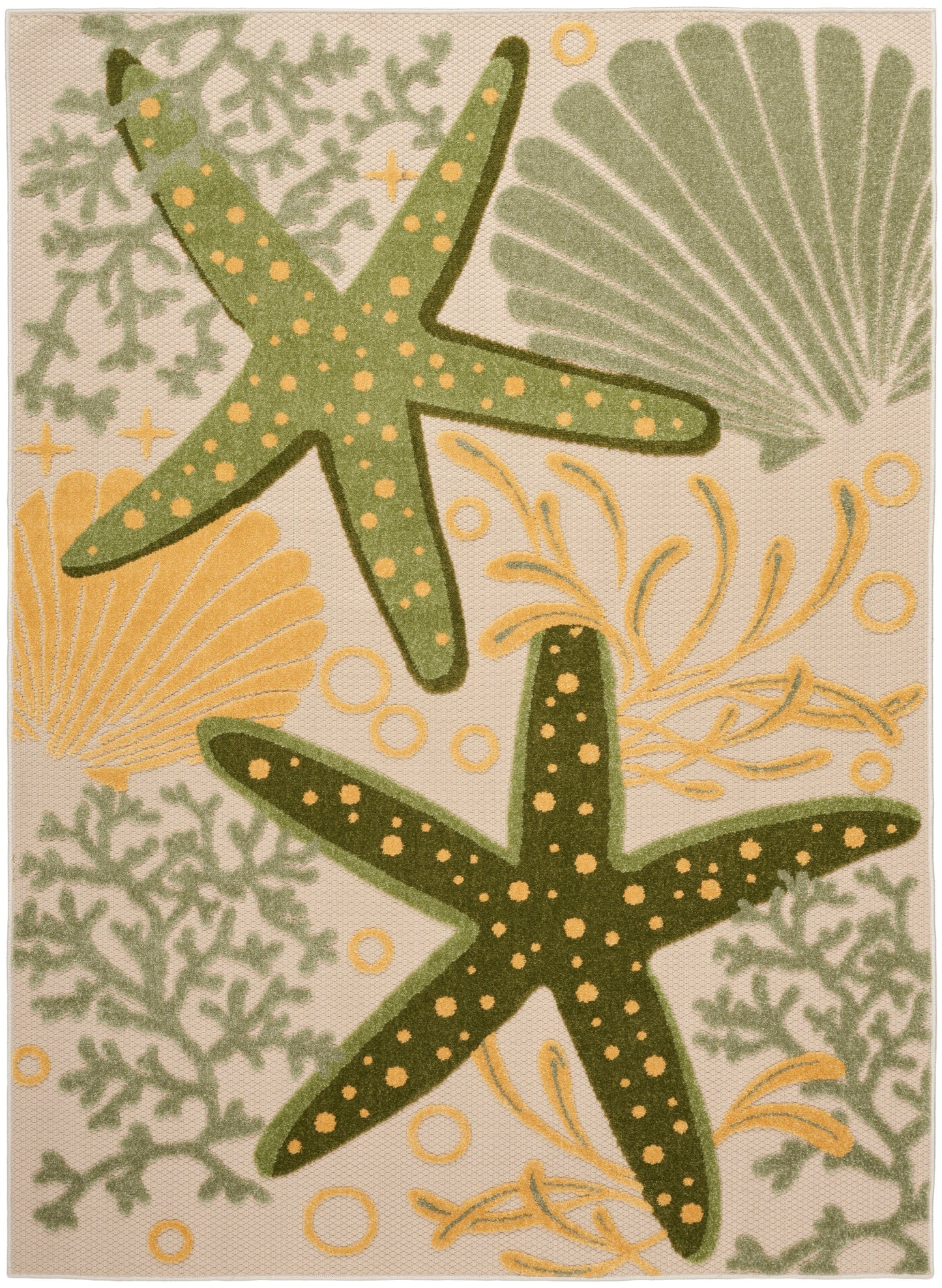 Beige outdoor rug with coastal motifs, featuring two green dotted starfish, yellow accents, and coral and shell designs.