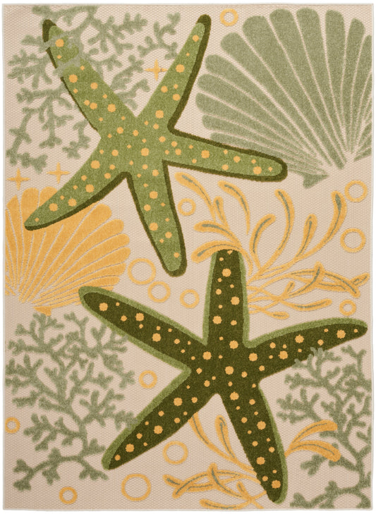 Beige outdoor rug with coastal motifs, featuring two green dotted starfish, yellow accents, and coral and shell designs.