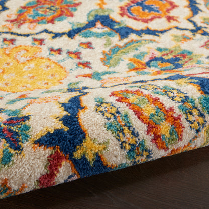 Close-up of a vibrant multicolor rug with thick plush pile; blue, yellow, orange and green floral patterns.