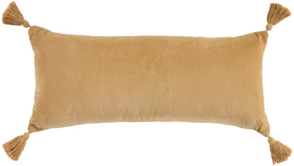 Beige velvet rectangular throw pillow with tassels at all four corners.
