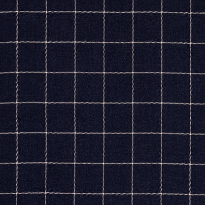 Navy blue fabric with white windowpane grid pattern; woven textile suitable for shirts or jackets.