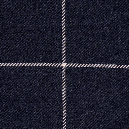 Close-up of navy wool plaid fabric with thin white windowpane lines in a woven pattern.