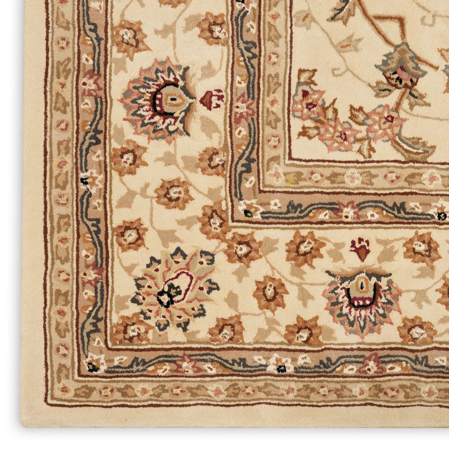 Beige Persian-style area rug with cream field, floral motifs and layered brown, blue and red borders.
