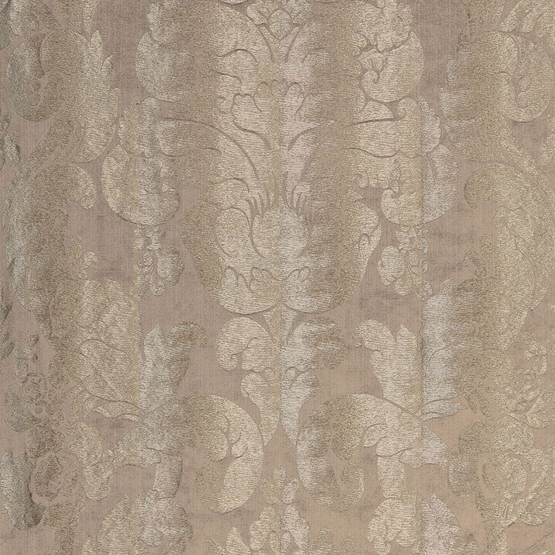 Beige taupe damask wallpaper with ornate floral scrolls and subtle jacquard texture.