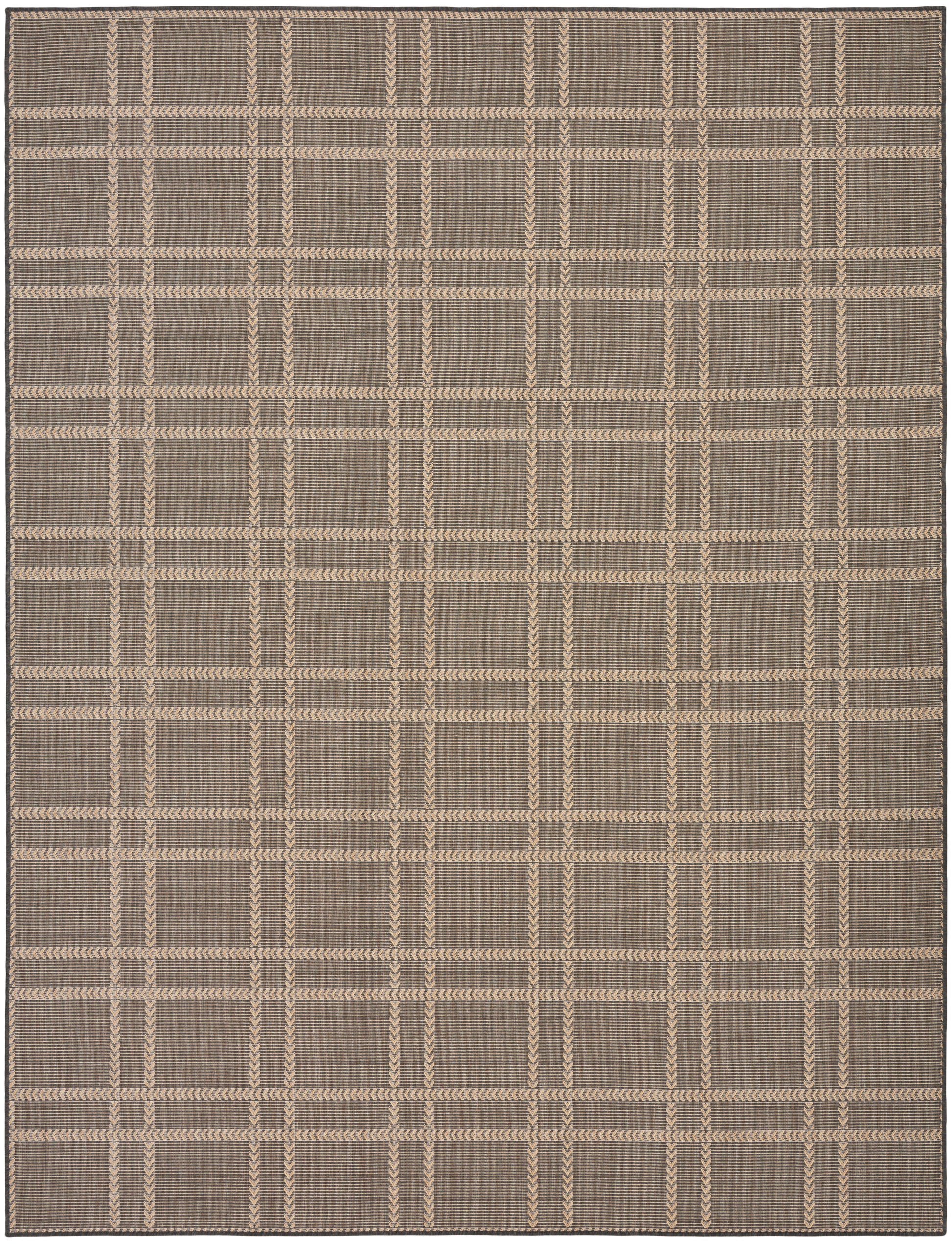 Beige-brown plaid woven rug with rope-like grid accents, neutral geometric pattern for living room decor.