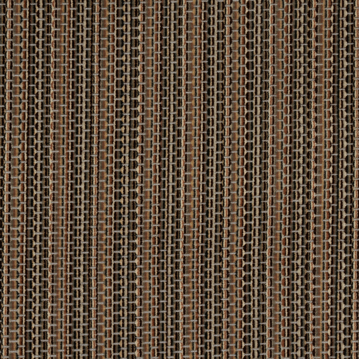 Close-up of brown velvet fabric in sepia tones with a tan and black vertical ladder pattern; rustic chair upholstery