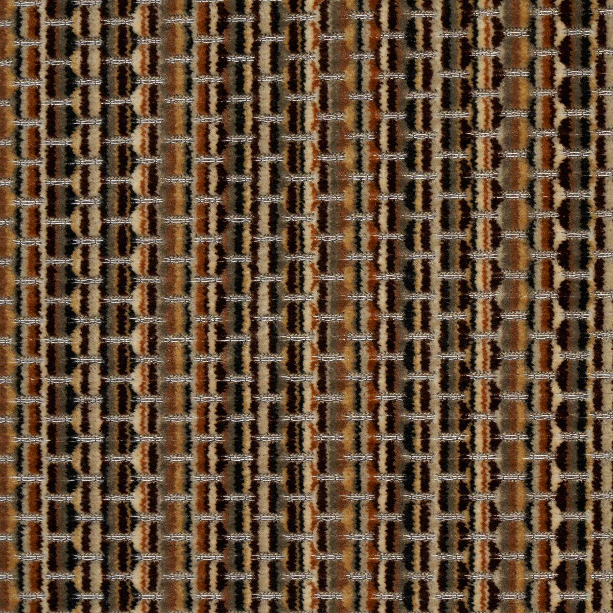 Brown, tan and black woven fabric with a geometric vertical grid pattern; textured upholstery or rug material.
