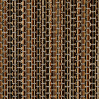 Brown, tan and black woven fabric with a geometric vertical grid pattern; textured upholstery or rug material.