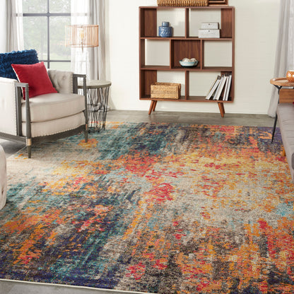 Multicolor abstract area rug in a mid-century living room with a beige upholstered chair, wooden bookcase, and woven baskets.