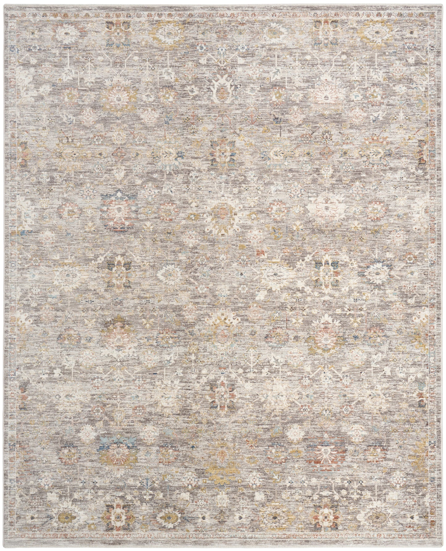 Distressed gray-beige area rug with a vintage floral medallion pattern and subtle ivory, blue, and yellow accents.